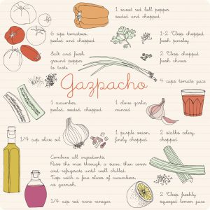 Food illustrations collection, ingredients, gazpacho recipe.