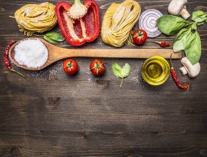 Ingredients for cooking vegetarian pasta with vegetables, ,with text area